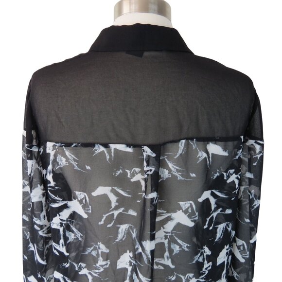 FRENCH CONNECTION Women's Black White Hatched Horses Sheer Blouse Size 6 - Picture 6 of 9